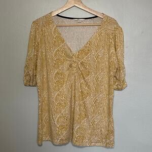 Women's Size US 14 Boden Jane Jersey Knit Yellow Leaf Print Ruched Short Sleeve